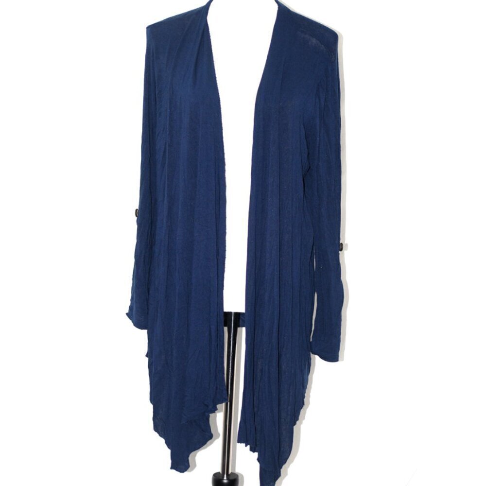 Roll Tab Sleeves EUC XL Open Front Navy Blue Cardigan Raw Hem High Low